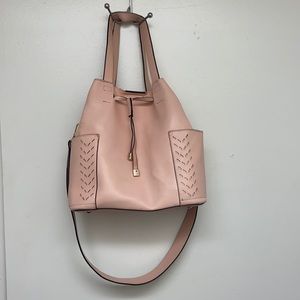 Pink drawstring purse with multi straps